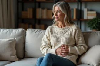Femme assise sur un canapé avec un léger malaise à la maison