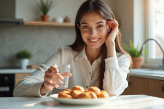 Femme souriante buvant de l'eau glacée dans la cuisine lumineuse