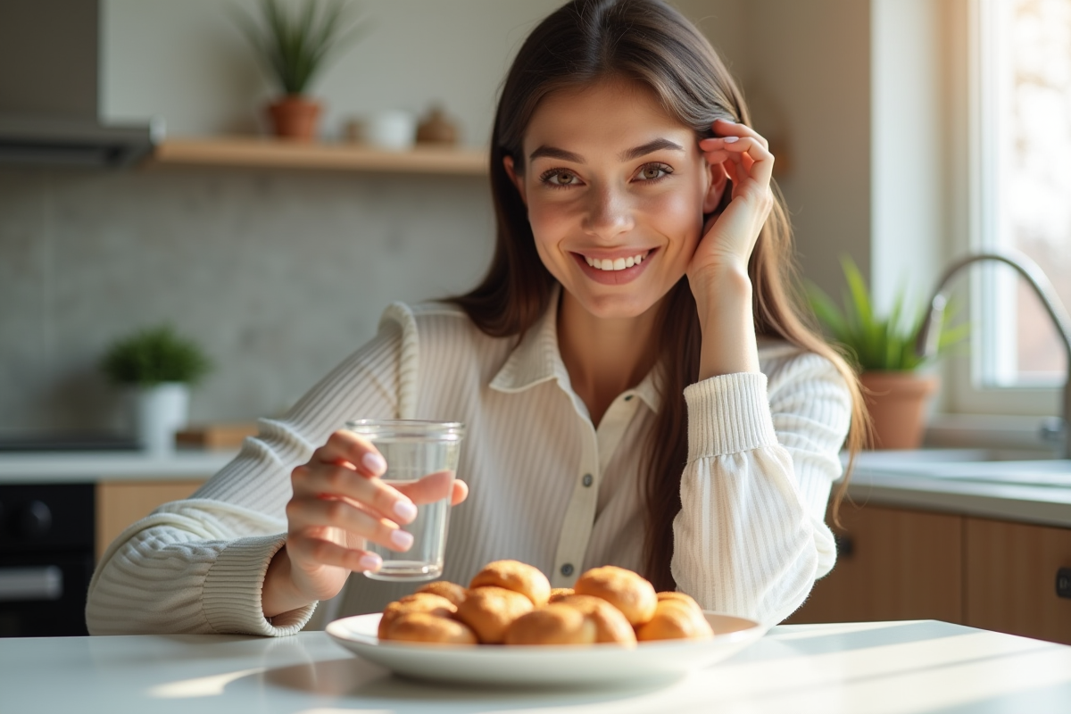 Femme souriante buvant de l'eau glacée dans la cuisine lumineuse