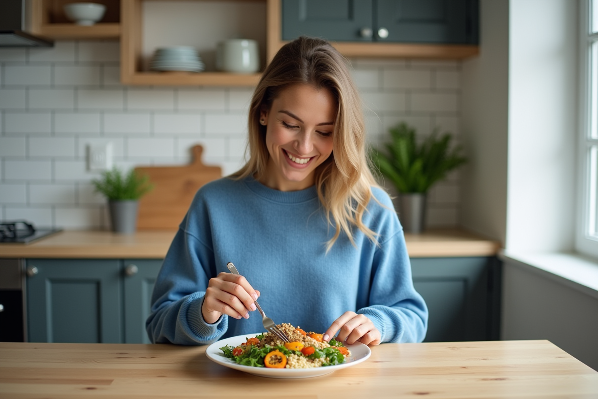 Jeune femme souriante préparant une salade de légumes