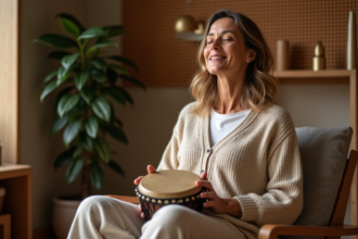 Femme d'âge moyen jouant du tambour dans un studio de thérapie