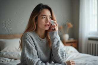 Jeune femme avec thermometre et expression inquiète