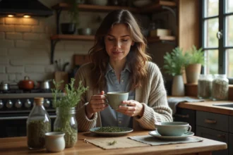 Femme dégustant une tisane de thym dans une cuisine chaleureuse