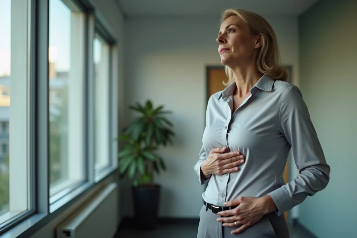 Femme au bureau se tenant le côté avec inconfort léger