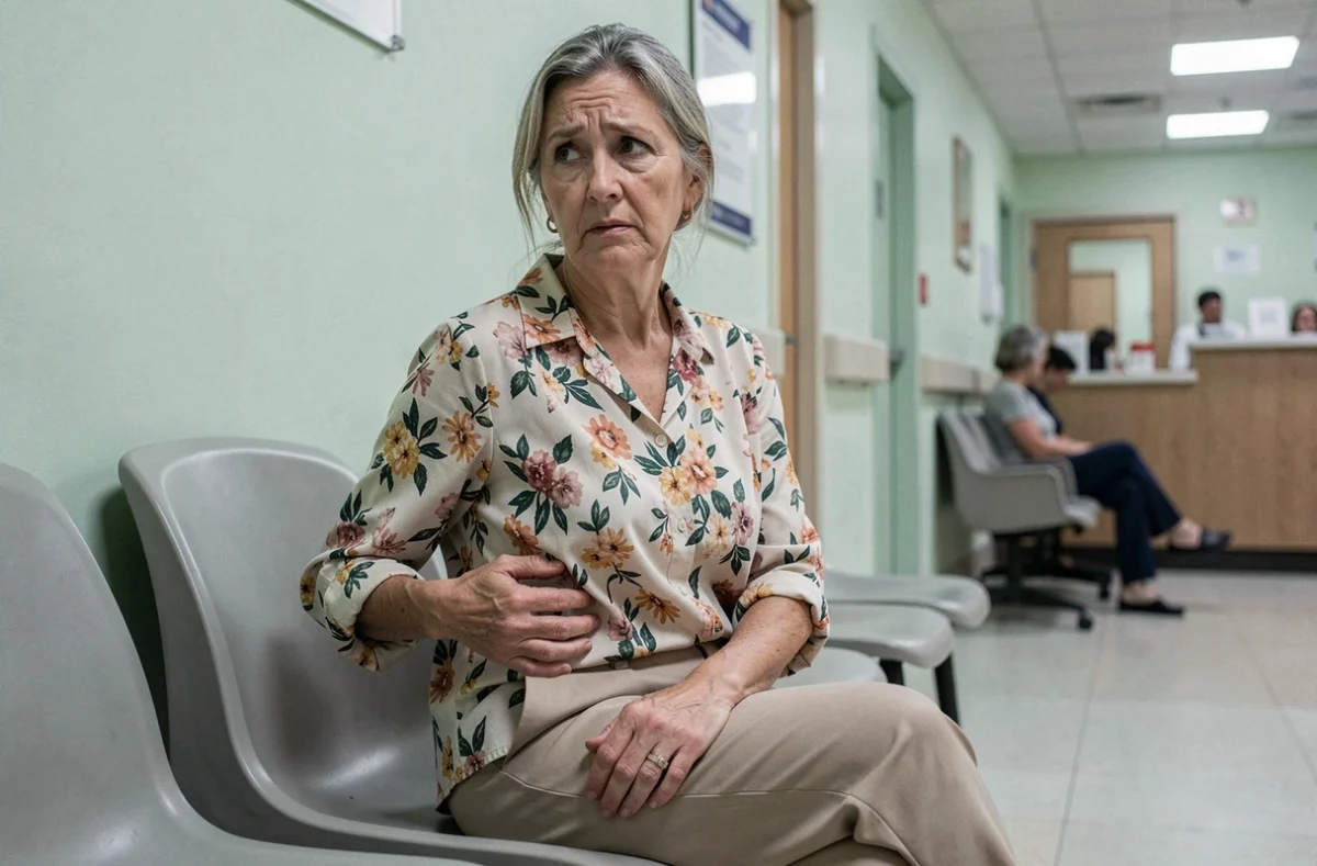 Femme âgée attendant aux urgences avec une douleur au côté droit du ventre