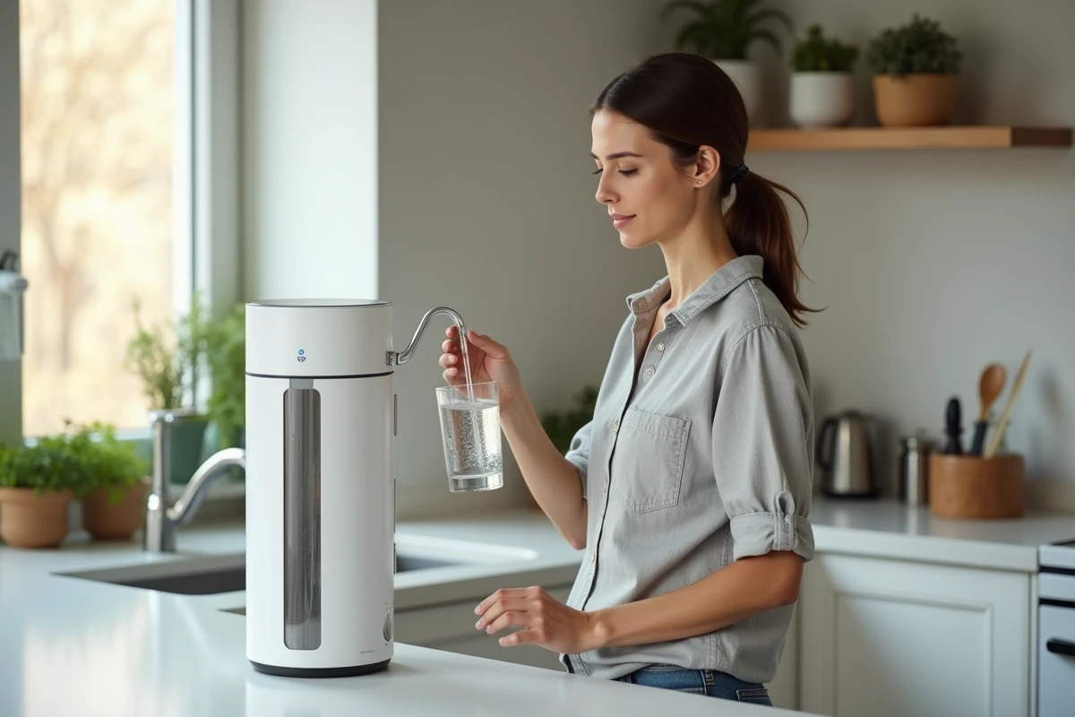 Jeune femme observant la clarté de l'eau filtrée par un Berkey directement depuis le robinet du filtre dans une cuisine moderne