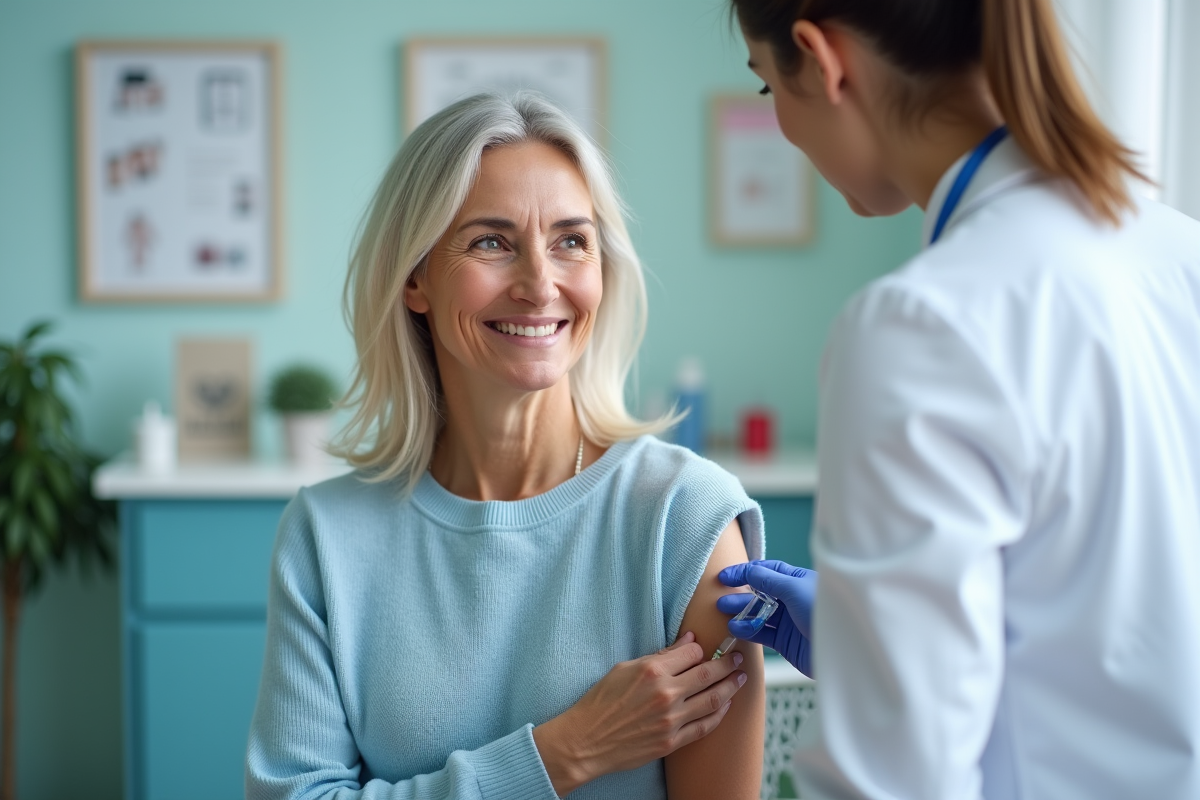 Femme d'âge moyen recevant un vaccin en clinique moderne