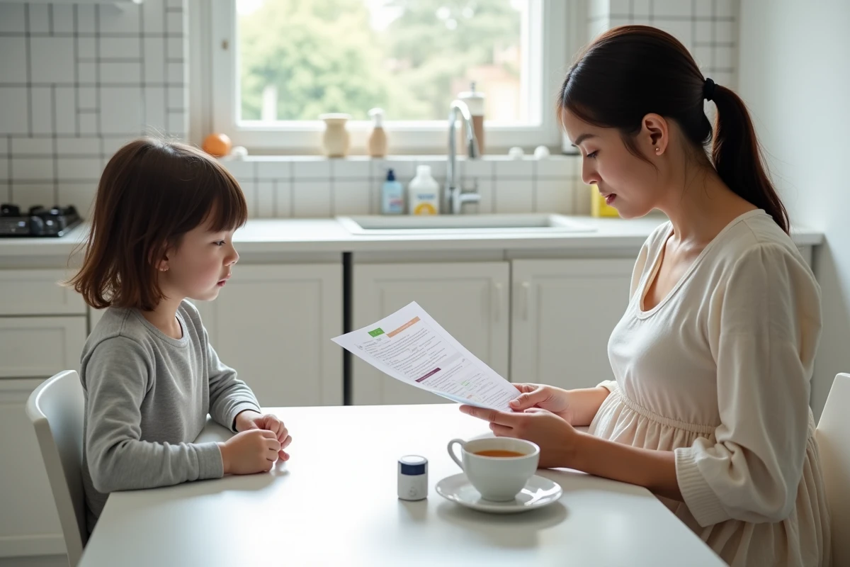 Fille assise à la table cuisine avec maman enceinte