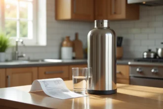 Filtre Berkey en acier inoxydable posé sur un plan de travail en bois avec un verre d'eau et un rapport de test indépendant