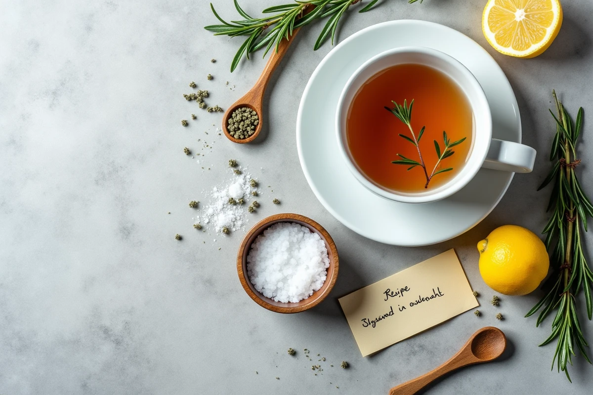 Vue du dessus d'une mise en scène culinaire avec une tasse de tisane de thym, sel marin, citron et épices sur surface en pierre, style magazine gastronomique