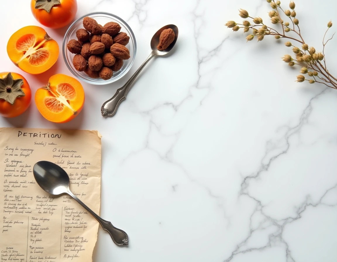 Vue aérienne d'une planche de dégustation de kakis frais et séchés avec des notes nutritionnelles sur marbre blanc pour un magazine de nutrition français