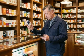 Frontalier examinant un paquet de cigarettes dans un bureau de tabac au Luxembourg avec une calculatrice à la main
