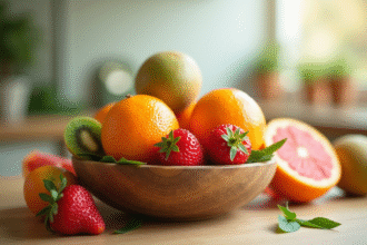Fruits riches en vitamine C dans un bol en bois