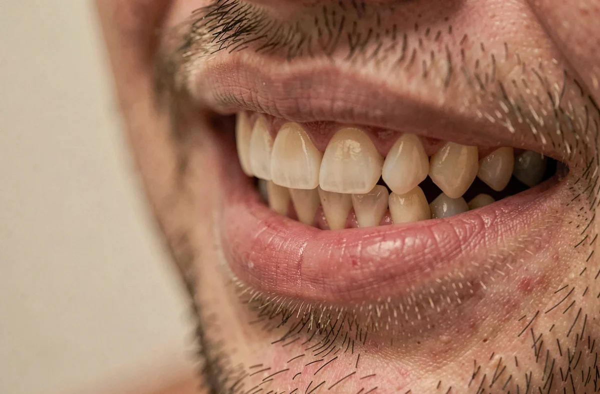 Gros plan sur une dent molaire douloureuse avec légère irritation gingivale visible