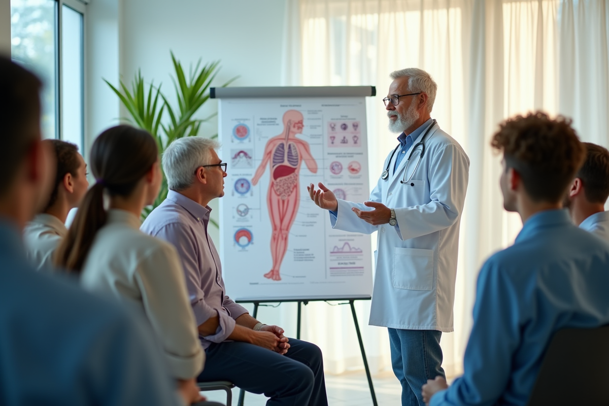 Groupe de personnes en consultation médicale lumineuse