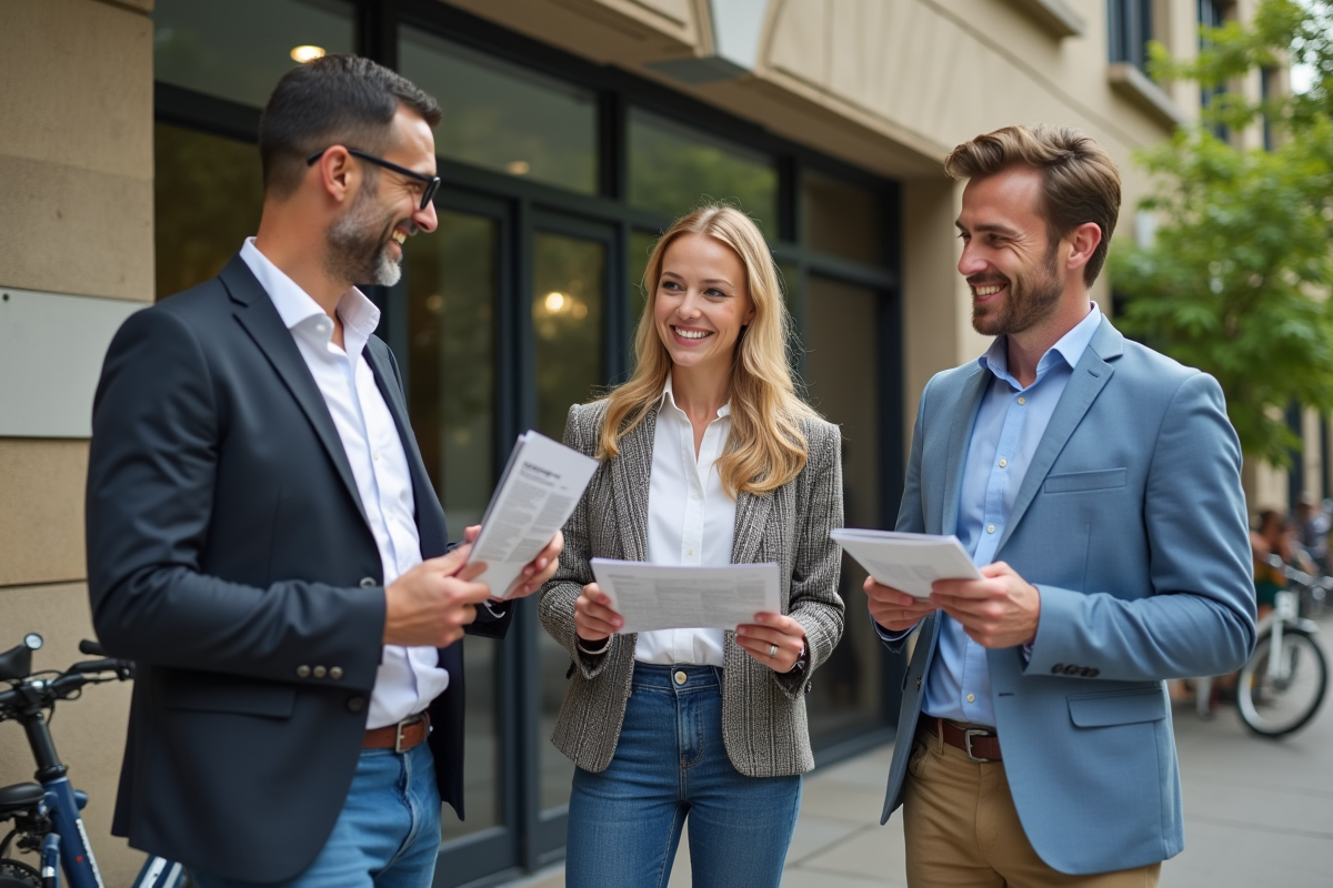 Groupe de trois adultes discutant devant un bâtiment public