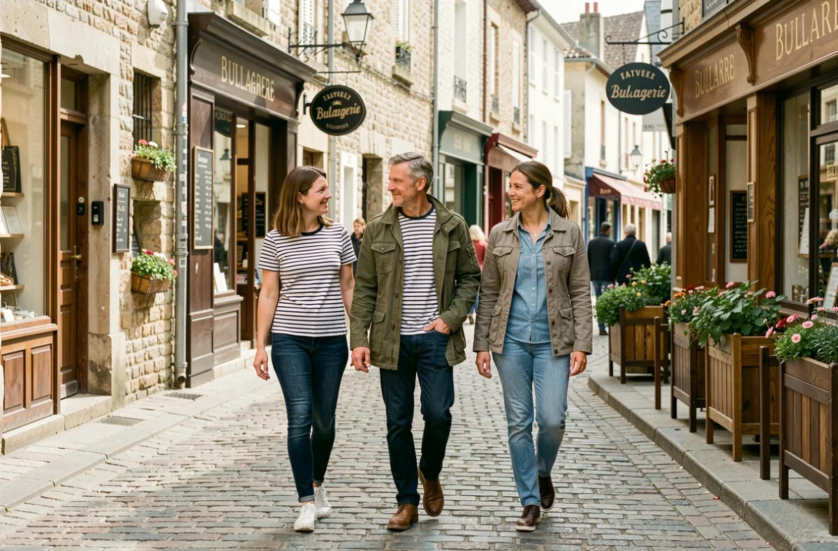 Groupe de trois adultes français marchant ensemble dans une rue piétonne pavée d'une ville de province, représentant différents profils de marcheurs