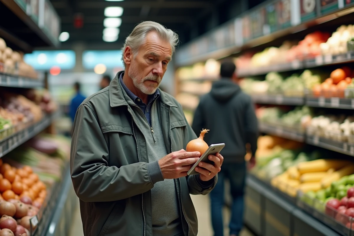 Homme allergique aux oignons vérifiant les ingrédients d'un produit au supermarché avec méfiance