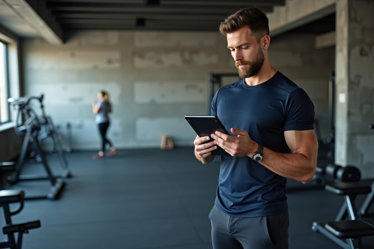 Homme lisant des avis sur Better Me dans une salle de sport moderne