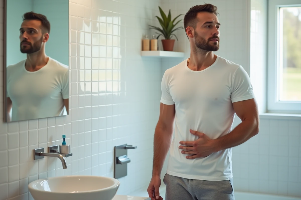 Homme dans une salle de bain se tenant le ventre, évoquant les gaz et ballonnements après les repas