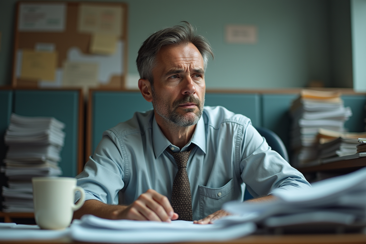 Homme de bureau fatigué assis à son bureau encombré