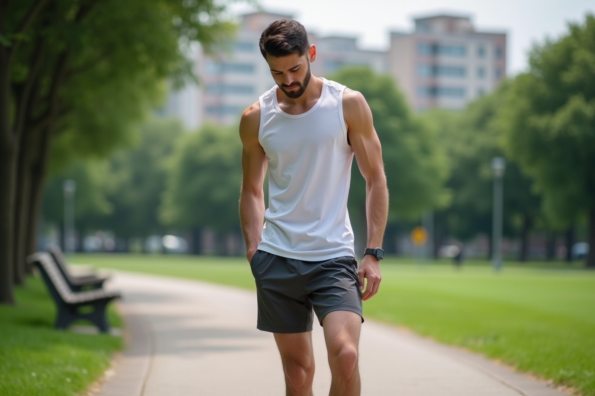 Homme courant dans un parc en regardant ses jambes