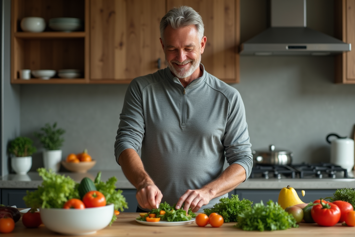 Homme en cuisine préparant une salade de légumes frais
