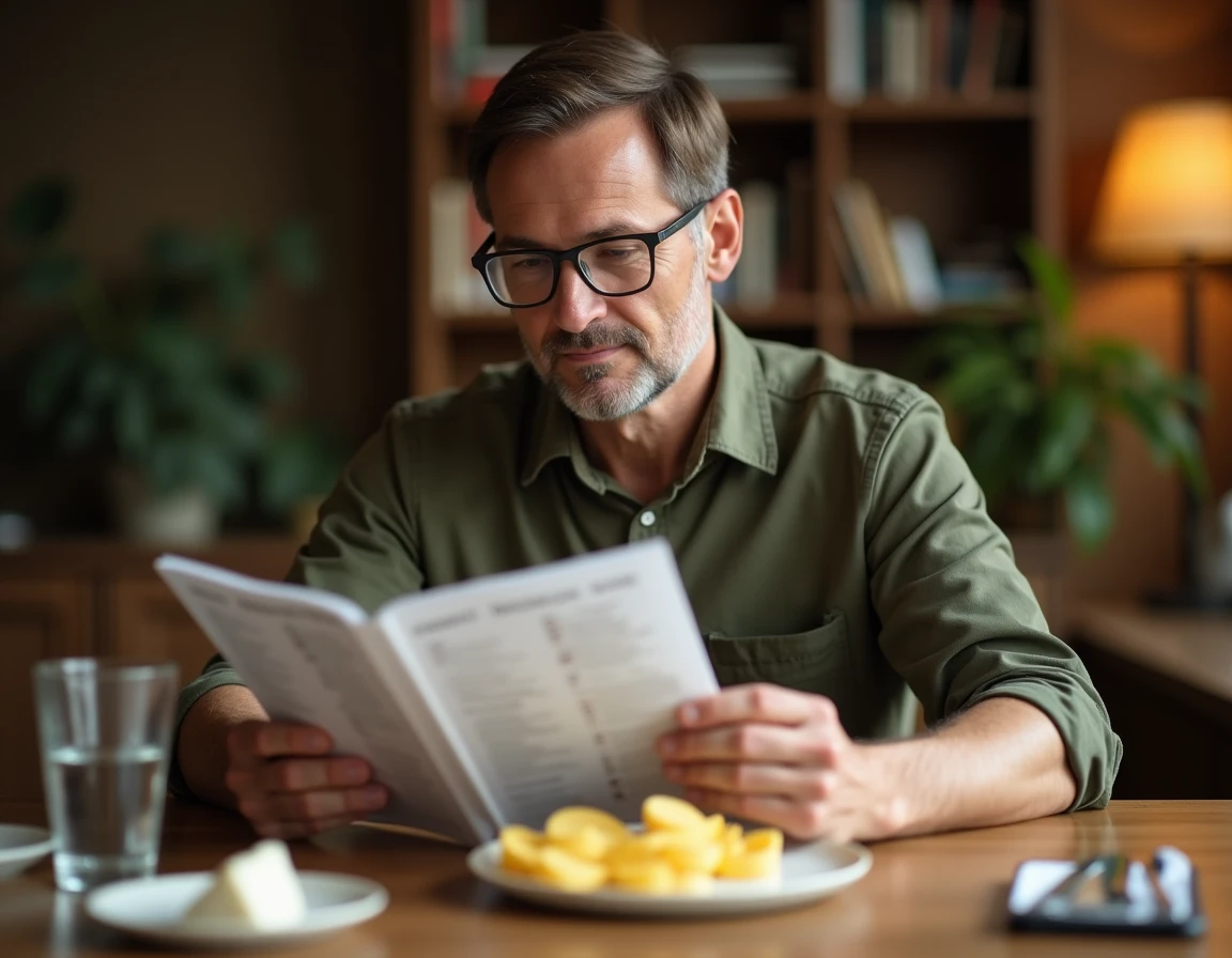 Homme diabétique consultant un guide nutritionnel avec des fromages faibles en matières grasses sur la table