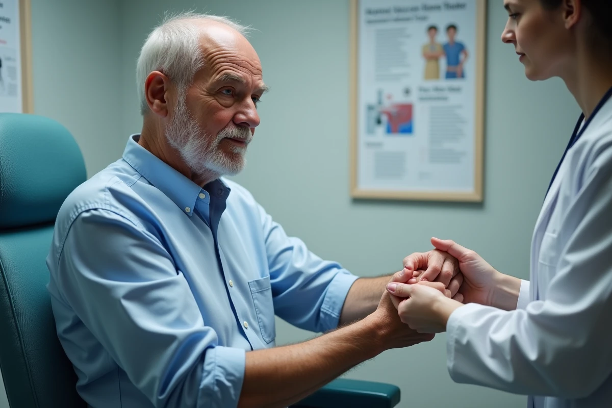 Homme âgé montre son bras au médecin