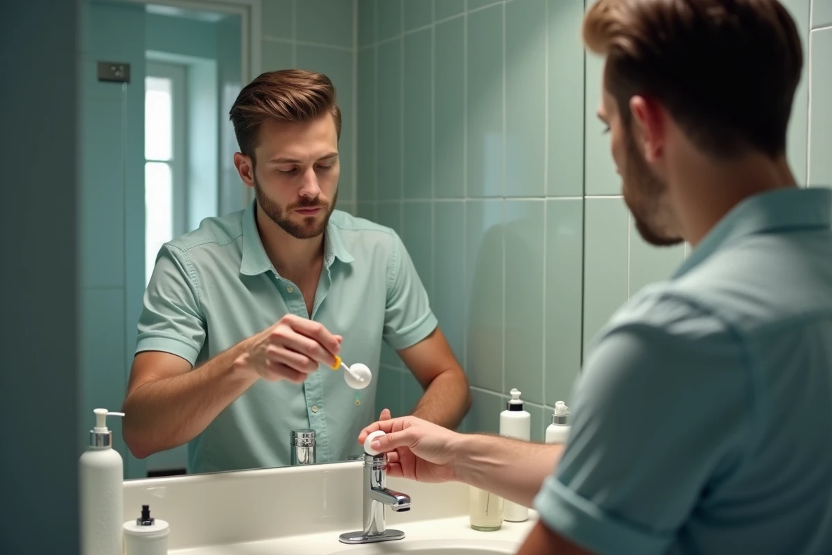 Jeune homme versant medicament dans une cuillère au bain