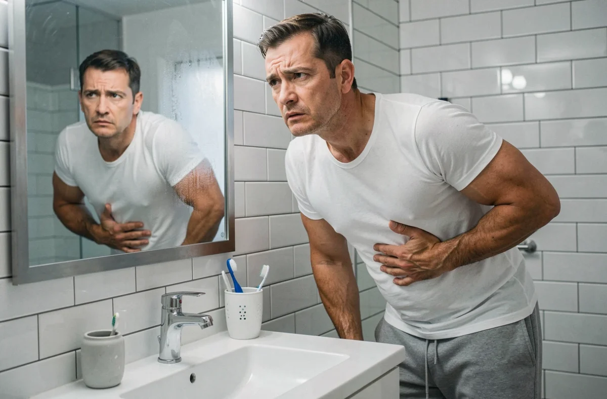 Homme dans la salle de bain tenant son côté droit douloureux, visage inquiet reflété dans le miroir