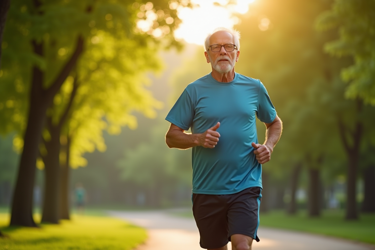 Homme age courant dans un parc avec capsules de vitamine K2