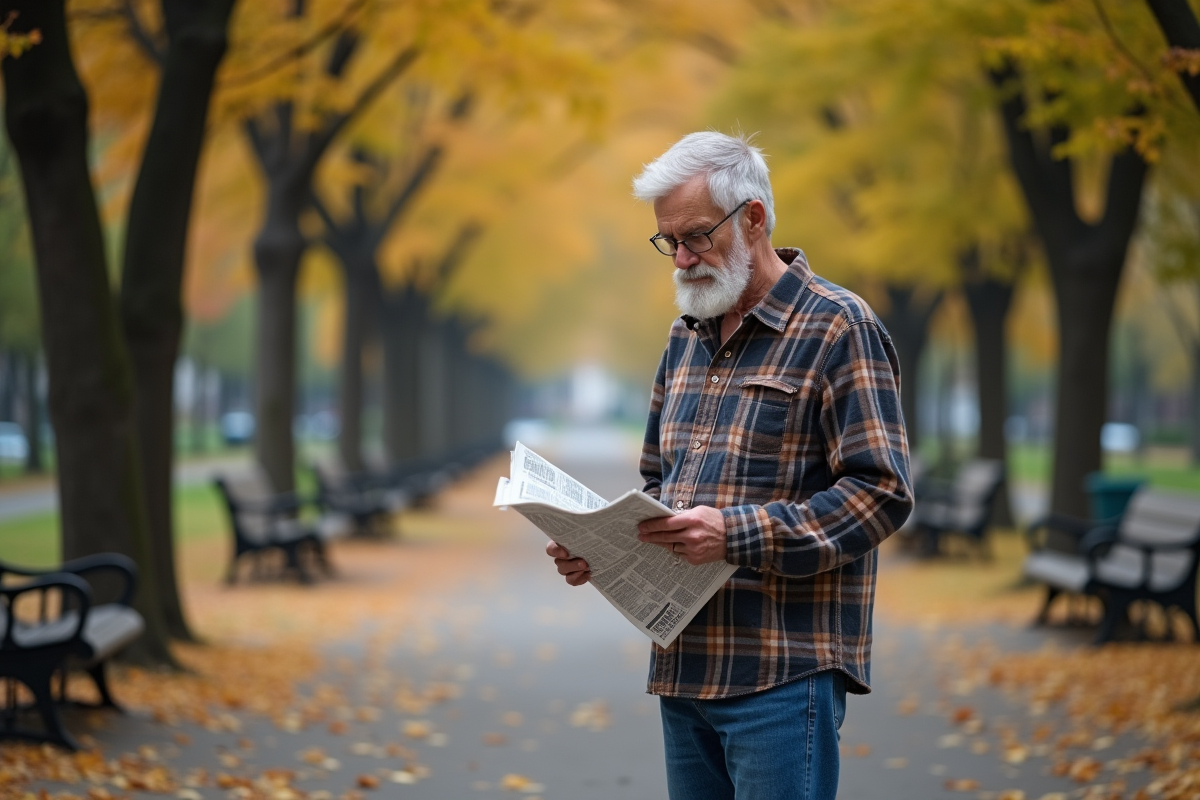 Homme âgé lisant un journal dans un parc urbain