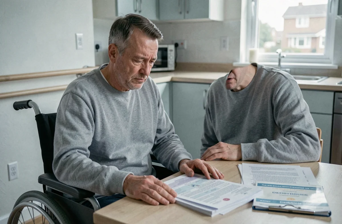 Homme en fauteuil roulant consultant des documents médicaux pour constituer son dossier CDAPH