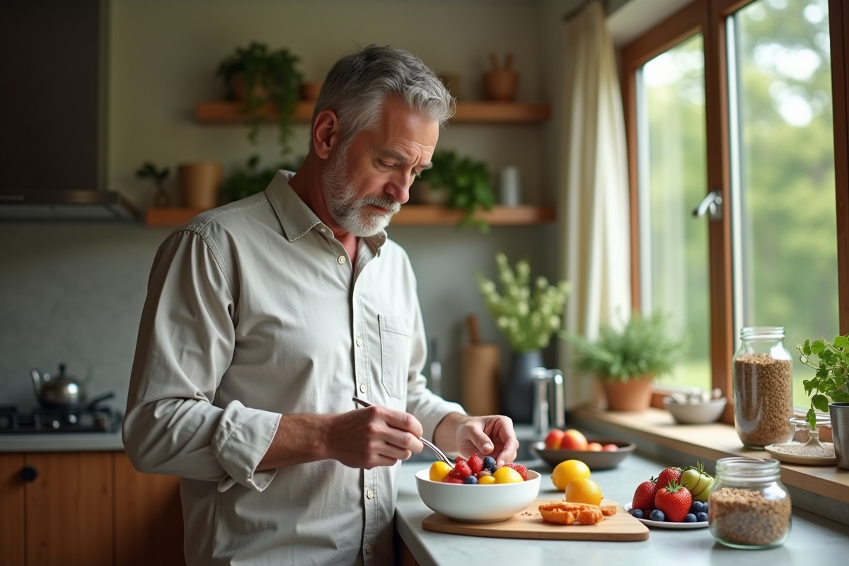 Homme préparant un bol de fruits et yogourt dans la cuisine