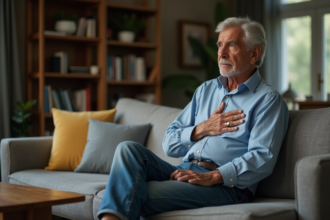 Homme d'âge moyen inquiet assis sur un canapé intérieur