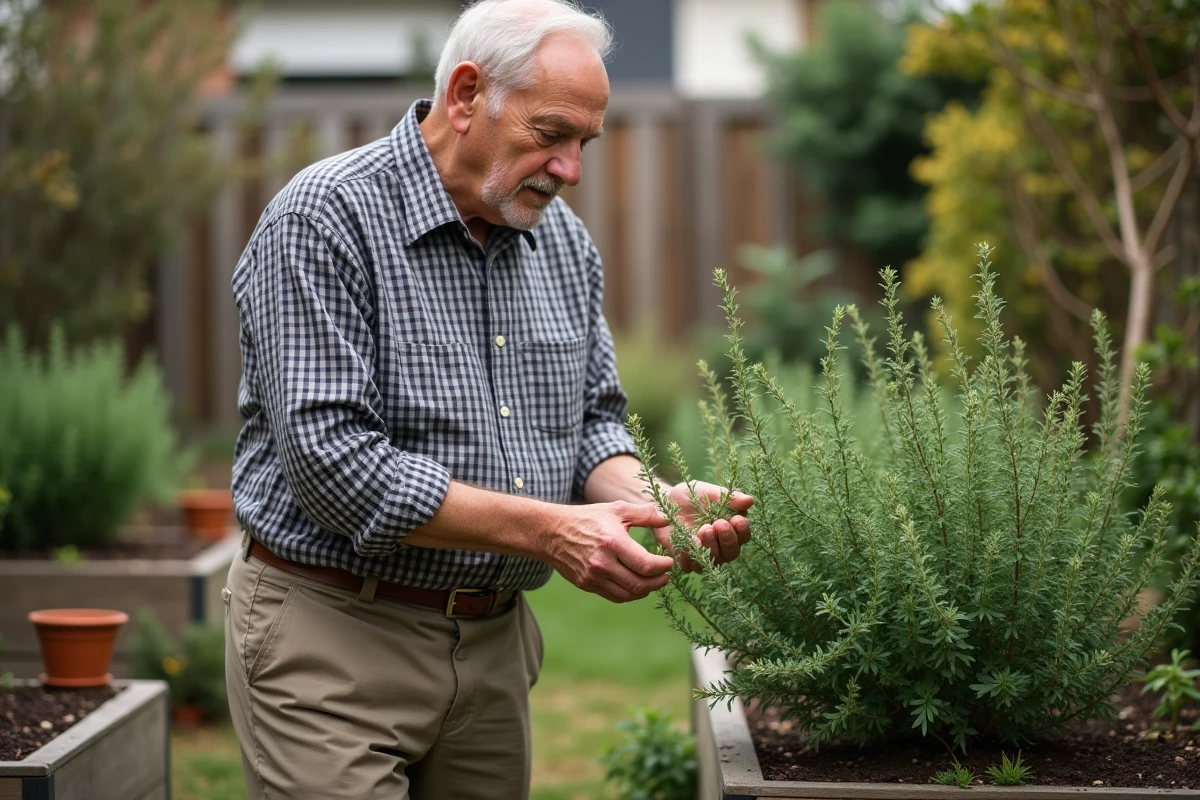 Homme âgé inspectant un plant de thym dans son jardin