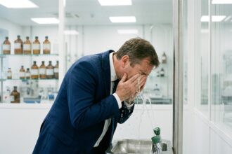 Homme en tenue de laboratoire utilisant une station d'urgence