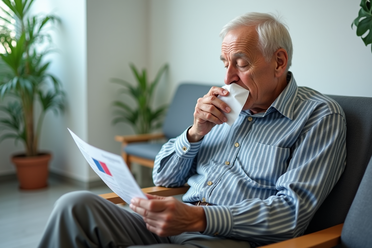 Homme age lisant brochure dans salle d attente