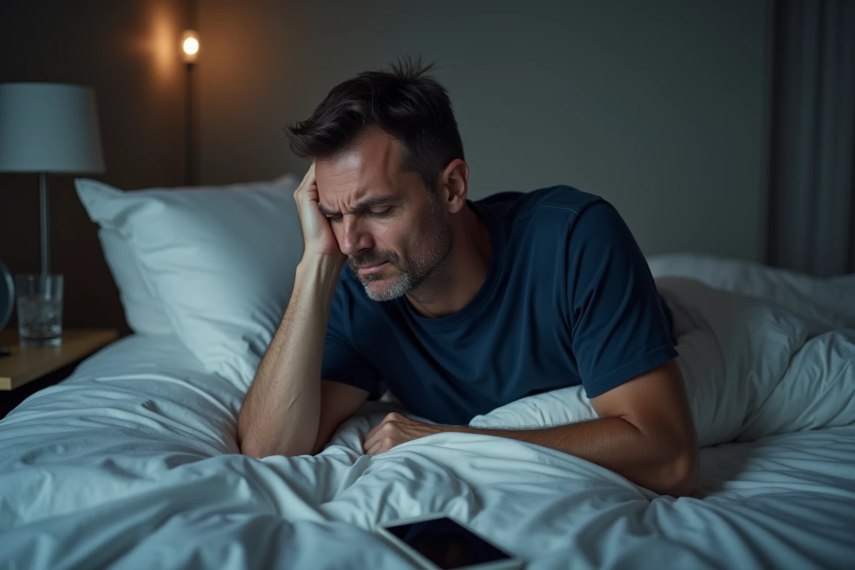 Homme avec la mâchoire serrée allongé dans son lit la nuit, représentant le bruxisme nocturne et le blocage de la mâchoire pendant le sommeil