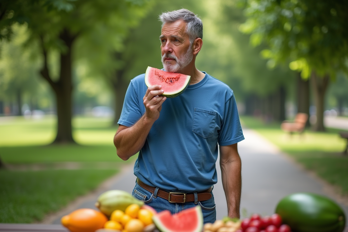 Homme dégustant une tranche de pastèque dans un parc verdoyant