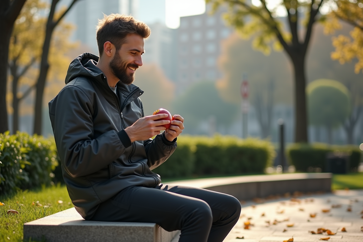 Homme sportif mange une pomme dans un parc urbain en automne