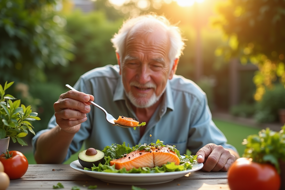 Homme âgé dégustant un plat coloré de saumon et légumes verts