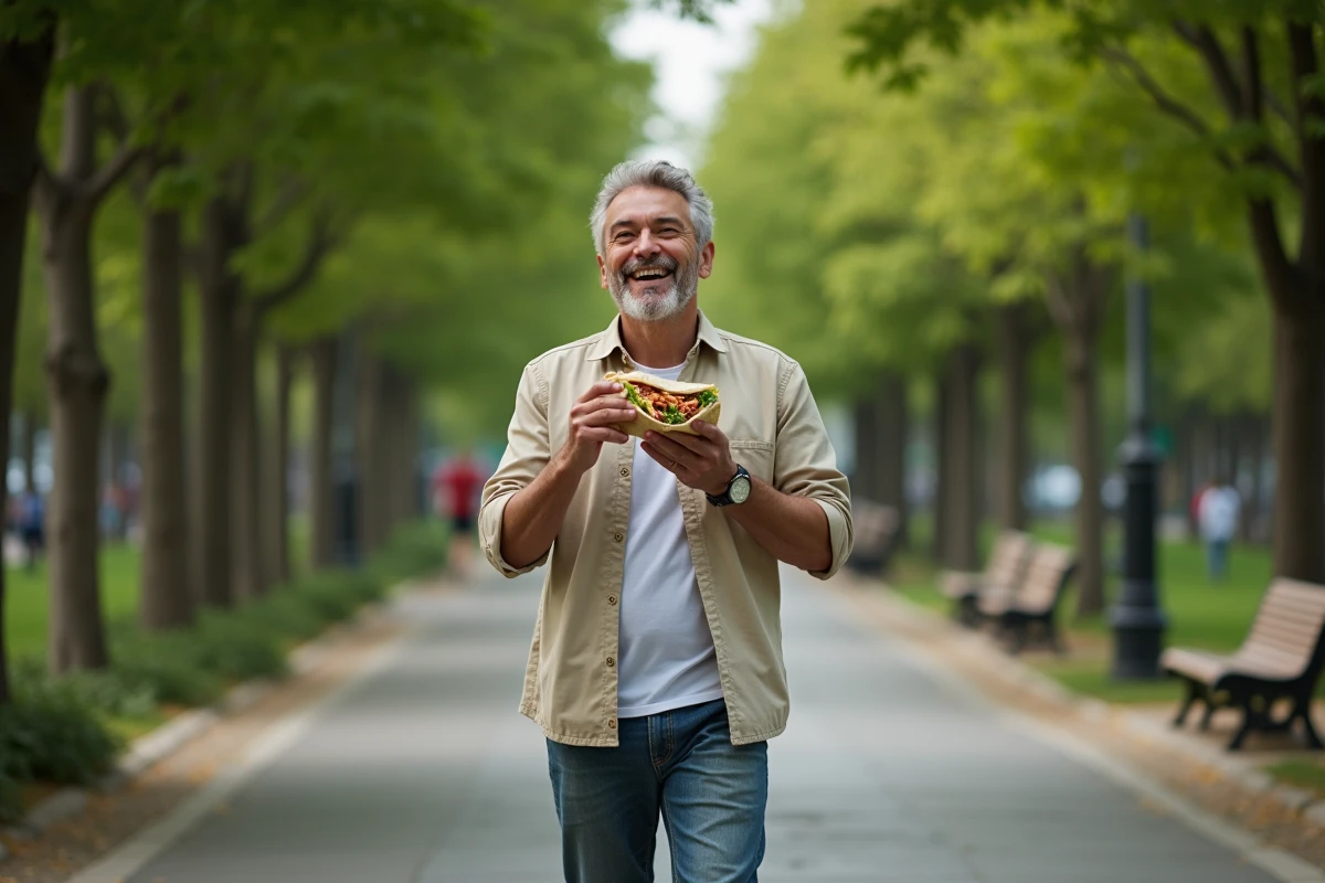 Homme décontracté mangeant un wrap dans un parc urbain