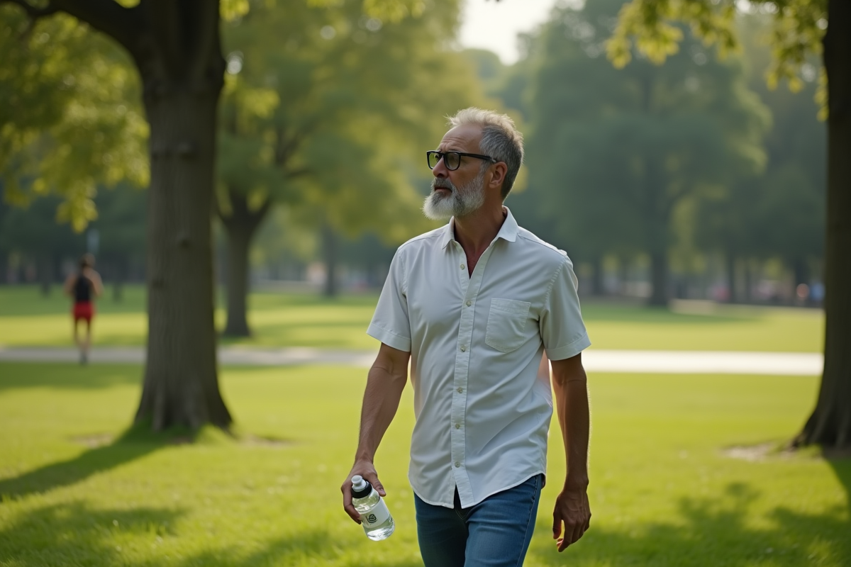 Homme marche dans parc avec bouteille d