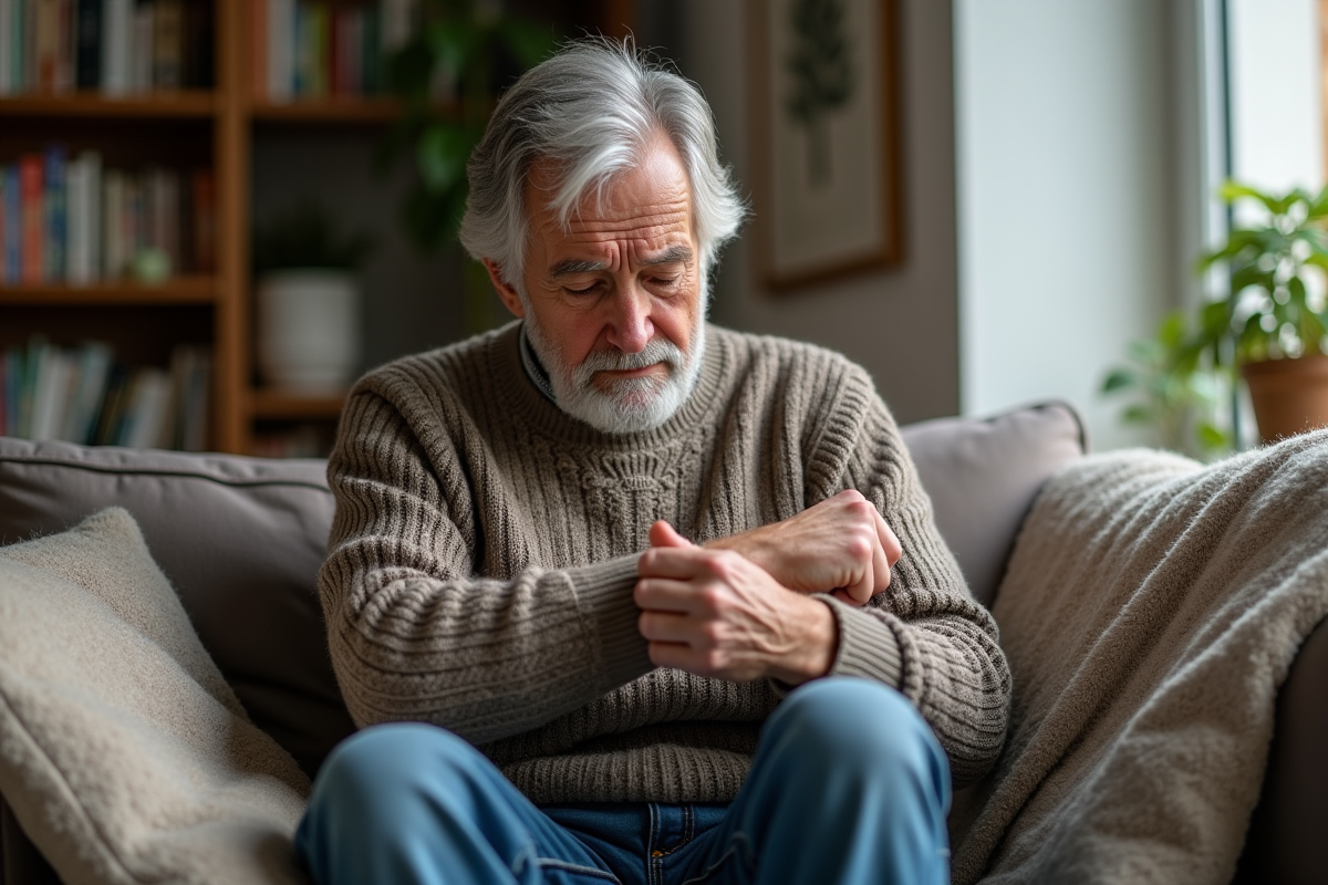 Homme âgé se massant le bras dans le salon