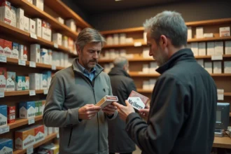 Un homme examine un paquet de Marlboro dans un bureau de tabac allemand avec une expression dubitative