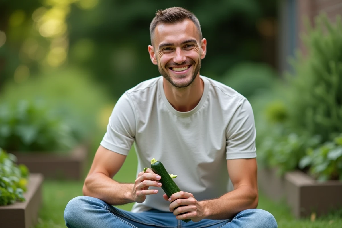 Jeune homme dans un jardin en train d’éplucher une courgette
