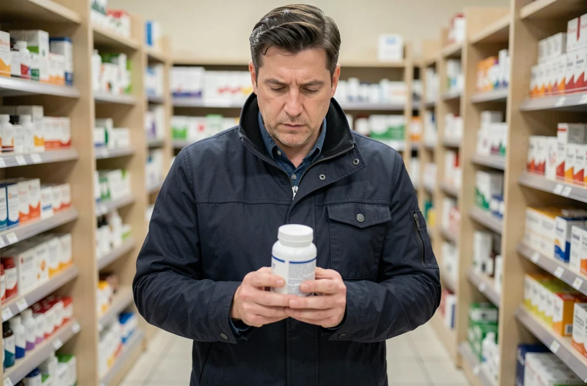 Homme en pharmacie lisant attentivement l'étiquette d'un complément alimentaire au cortisol, illustrant la vigilance face aux avis produits