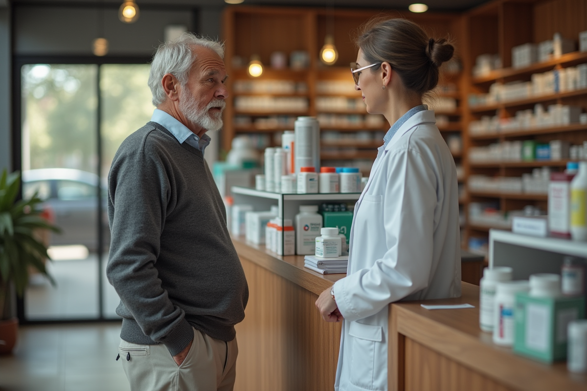 Homme âgé parlant avec un pharmacien en pharmacie